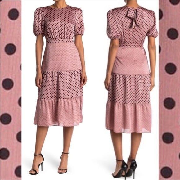 Ted Baker London Nilia dress polka dot tiered midi blush pink black puff sleeve - Picture 1 of 9